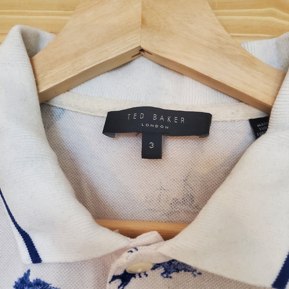 Ted Baker Size 3 White & Blue Pattern Cotton Polo Shirt - Picture 3 of 5